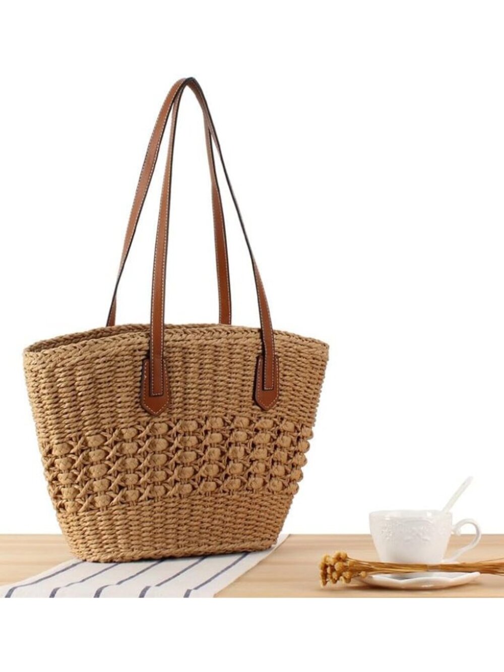 Womens Straw Tote Handbag - Summer Beach Bag with Top Handle - Handwoven Shoulde - Picture 4 of 7